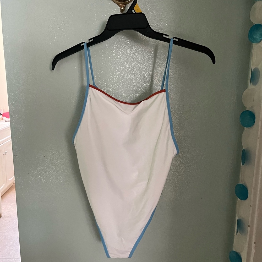 Aerie White One-Piece Swimsuit with Blue and Red Trim